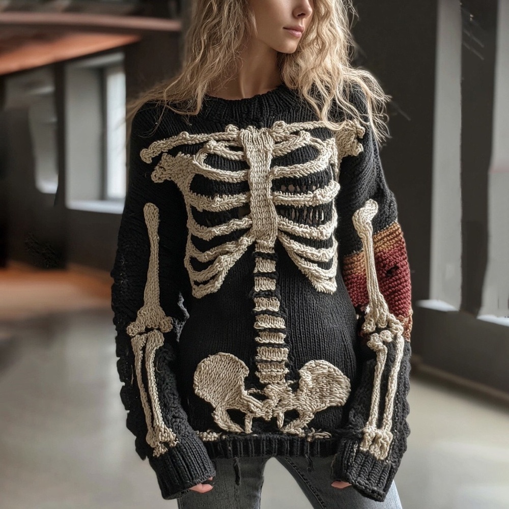 Black Crewneck Sweater with Cream Skeleton Appliqué